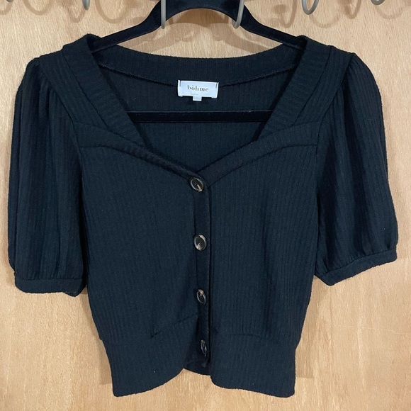 #38- BOHME-size small, black cropped button down top with heart shape neckline - Picture 1 of 3